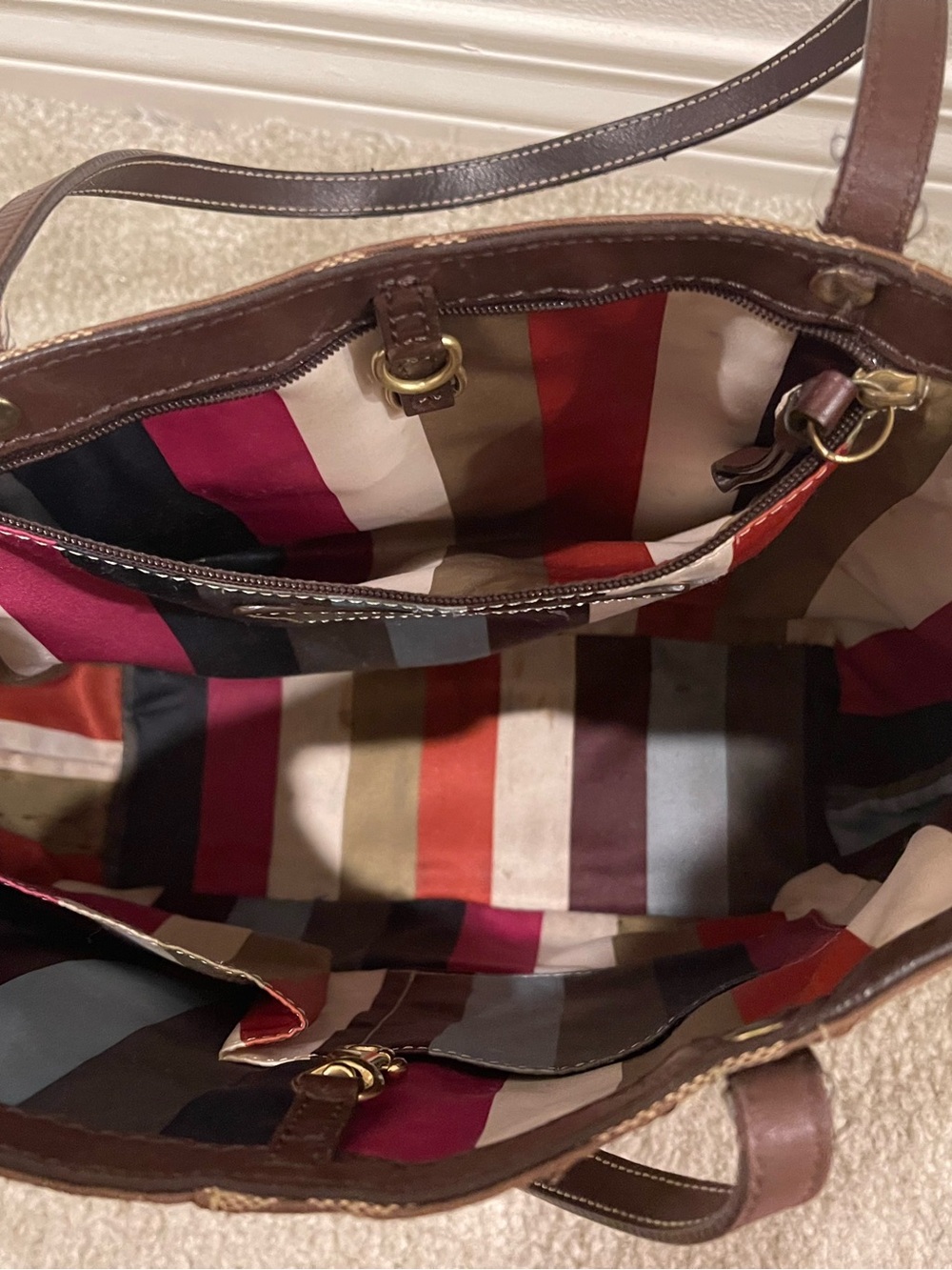 Coach Signature Stripe Brown Canvas Tote Bag with Legacy Stripe Lining - Picture 7 of 9